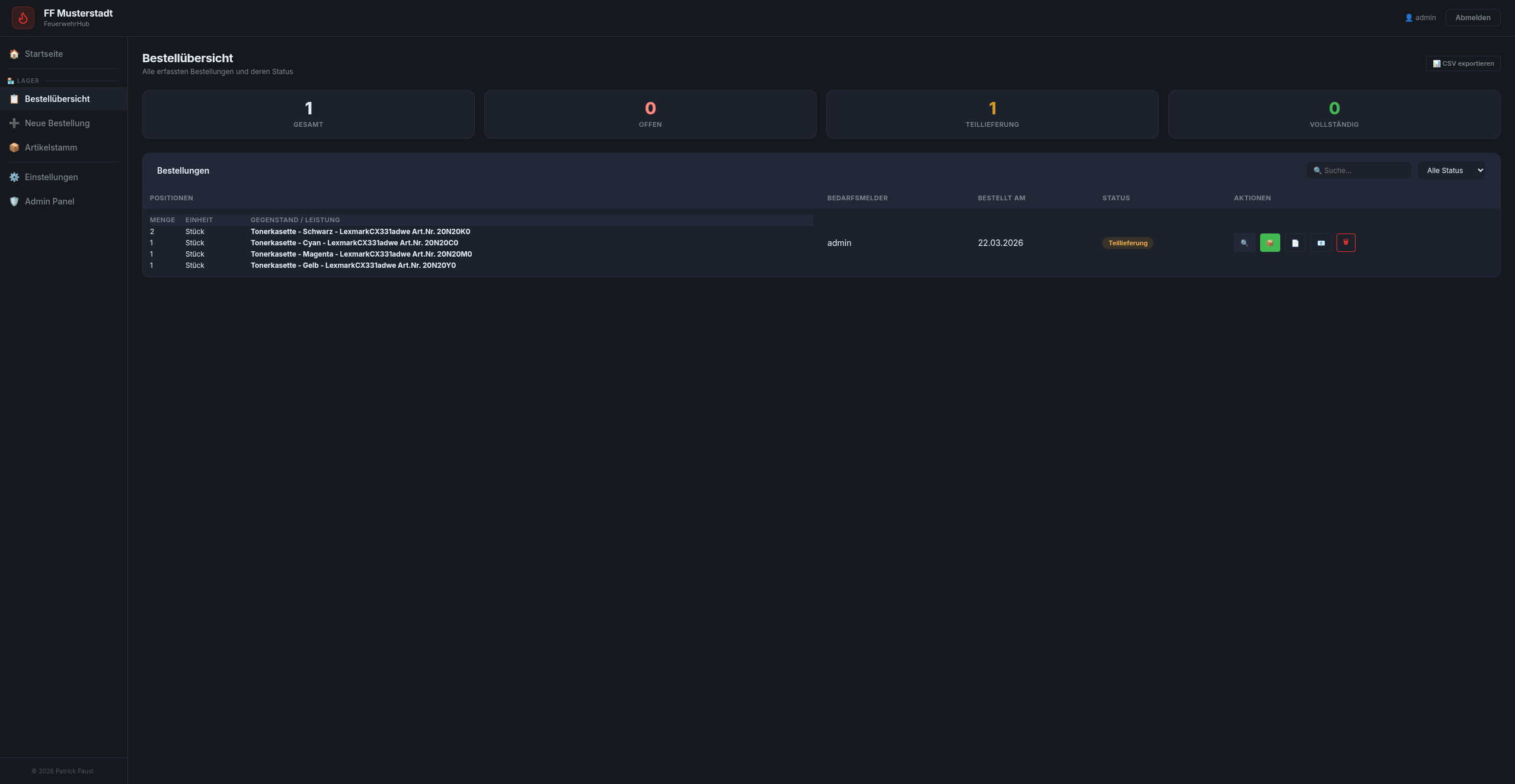 FeuerwehrHub Bestellübersicht